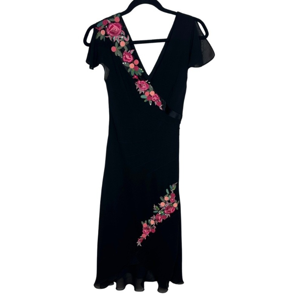 Vintage Karen Millen Black Silk Floral Embroidered Beaded Midi Dress‎ US 4 DV033